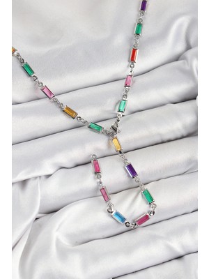 Belle Fusion Pirinç Renkli Zirkon Taşlı Dikdörtgen Model Gümüş Renk Kadın Y Kolye
