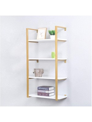 Hitit Dekorasyon Tasnia Gold Metal Ahşap Duvar Rafı 60CM 4 Katlı