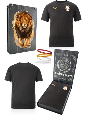 Galatasaray Orijinal Lisanslı Sıfır Yaka Siyah A Takım Antrenman T-Shirt + Bileklik Set Hediyelik Ahşap Kutulu