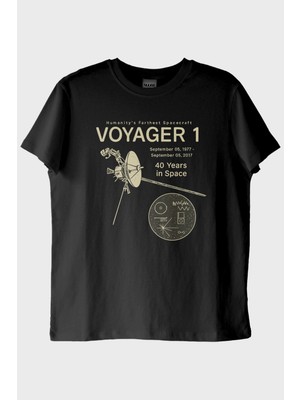 Nuugg Uzay Keşfi Temalı Retro Voyager 1 Bilim Siyah Tişörtü