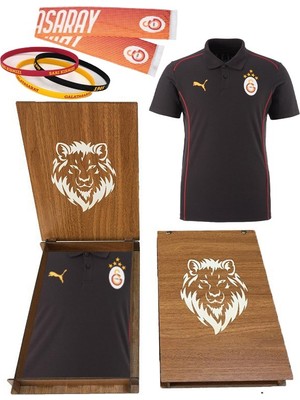 Galatasaray Orijinal Puma A Takım 5 Yıldız Polo T-Shirt Atkı ve Bileklik Hediyelik Ahşap Kutulu