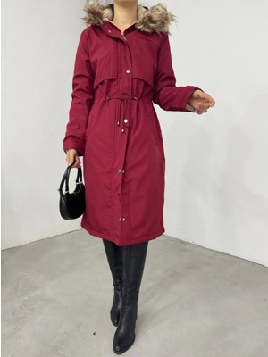Içi Peluşlu Sabit Kapşonlu Tünel Bağcıklı Uzun Mont  -Bordo