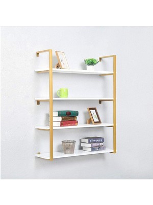 Hitit Dekorasyon Tasnia Gold Metal Ahşap Duvar Rafı 90CM 4 Katlı