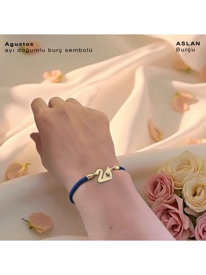 14 Ayar Plakalı Altın Aslan Burçlarına Özel Mavi Örgülü Kuğu Kuşu Motifli Hediye BILEKLIK-604BURÇ
