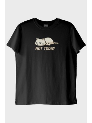 Nuugg Yorgun Kedi Mizahi Not Today Siyah Tişört
