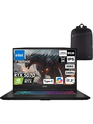 Msı Katana 17 Hx I7-14650HX 64-GB DDR5 2 TB SSD RTX5070 (8GB-115W-GDRR7) 17.3" 2k Qhd 240Hz Windows 11 Home Taşınabilir Bilgisayar + Sırt Çantası B14WGK-046XTRHMF38
