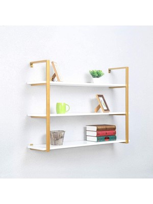 Hitit Dekorasyon Gold Metal Ahşap Duvar Rafı 120CM 3 Katlı