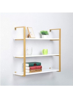 Hitit Dekorasyon Tasnia Gold Metal Ahşap Duvar Rafı 90CM 3 Katlı