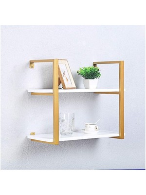 Hitit Dekorasyon Tasnia Gold Metal Ahşap Duvar Rafı 60CM 2 Katlı