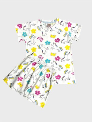 Kız Çocuk %100 Pamuklu Beyaz Unıcorn Kelebek Desenli Kısa Kollu Şortlu Yazlık Pijama Takımı