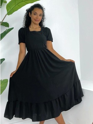 Kare Yaka Beli Lastikli Kısa Kol Ayrobin Elbise -Siyah