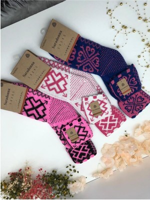 Kadın Katlamalı Etnik Detaylı Lambswool El Örmesi 3 Lü Karma Desen Yumoş Dokulu Termal Çorap