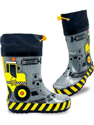 Inşaat Araçları Erkek Çocuk Gri Yağmur Botu