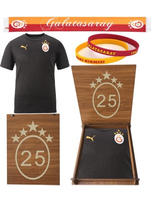 Galatasaray Lisanslı Puma A Takım Antrenman 5 Yıldız T-Shirt Atkı ve Bileklik Hediyelik Ahşap Kutulu