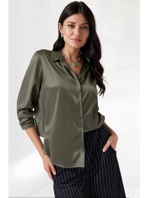Hazelin Kadın Haki Hafif Dökümlü Saten Yüzeyli Gömlek HZL22W-BD139641