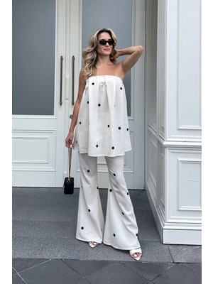 Beyaz Siyah Puantiyeli Straplez Bluz Pantolon Takım