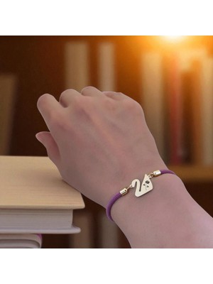 Altın Plakalı 14 Ayar Gül Temalı Kuğu Kuşu Figürlü Mor Örgülü Hediye BILEKLIK-605SEMBOL