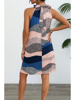 Kadın Kolsuz Boyundan Askılı Desenli Midi Süprem Elbise