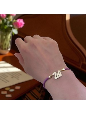 14 Ayar Plakalı Altın Seda Ismine Özel Mor Ipek Örgülü Kuğu Kuşu Figürlü Hediye BILEKLIK-605ISIM