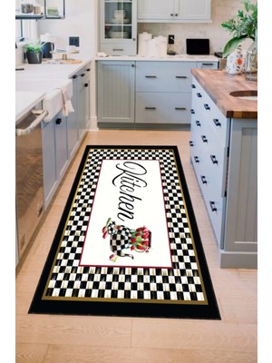 Dijital Baskılı Kaymaz, Yıkanabilir Mackenzie Dama Des. Yazılı Siyah Mutfak HALISI-DC-5032