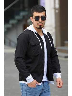 Erkek Slim Fit Penye Kapüşonlu Düğmeli Kot Gömlek