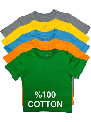 Cloise Çocuk Basic T-Shirt Unisex Kısa Kol %100 Pamuklu 5'li Paket Renkli Seçenekler