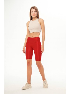 Kadın Yüksek Bel Basic Kırmızı Parlak Biker Mini Tayt