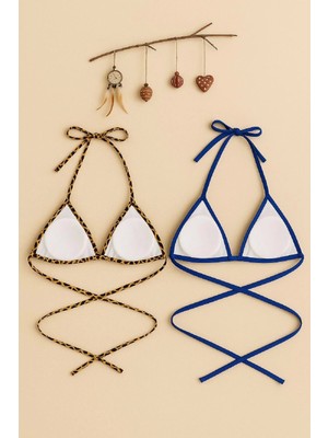 Kadın Leopar Desenli ve Mavi Minimal Kesim Üçgen Bikini Üstü