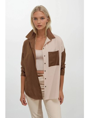 Hazelin Kadın Kahverengi Krem Renk Bloklu Oversize Poplin Basic Gömlek HZL22S-BD1201161