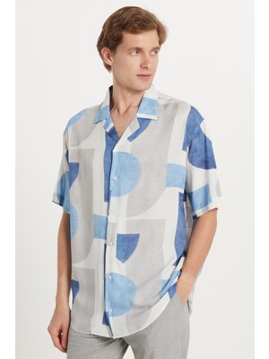 Erkek Relax Fit Rahat Kesim Kısa Kollu Apaş Yaka Viskon Baskılı Gömlek