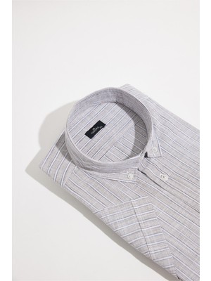 Tudors Erkek Big Size Büyük Beden %100 Pamuk Düğmeli Yaka Keten Doku Cepli Çizgili Kısa Kollu Lacivert Gömlek