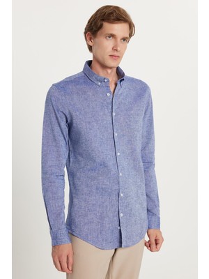 Erkek Slim Fit Dar Kesim Uzun Kollu Keten Premium Seri Düğmeli Yaka Spor Lacivert Gömlek