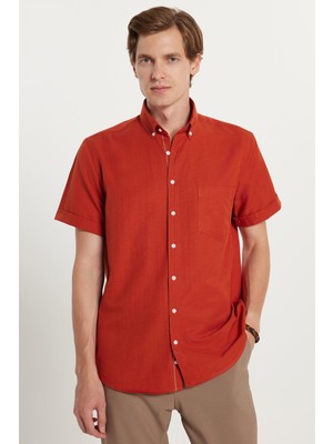 Erkek Klasik Regular Fit Rahat Kesim Düğmeli Spor Yaka Oxford Pamuklu Kısa Kol Kiremit Gömlek