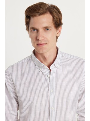 Tudors Erkek Slim Fit Dar Kesim Düğmeli Spor Yaka Keten Efekt %100 Pamuk Haki Çizgili Yazlık Gömlek