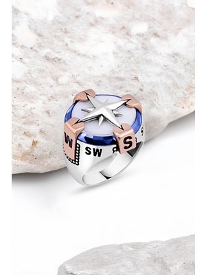 Beyaz Onix Taşlı Pusula Gümüş Erkek Yüzük