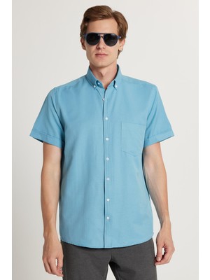 Erkek Klasik Regular Fit Rahat Kesim Düğmeli Spor Yaka Oxford Pamuklu Kısa Kol Mavi Gömlek