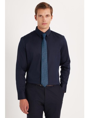 Tudors Erkek Slim Fit  Premium Likralı Pamuk Saten Lacivert Gömlek
