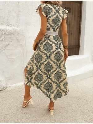 Kadın Kısa Kollu V Yakalı Çiçek Desenli Önü Kısa Arkası Uzun Pegasus Elbise