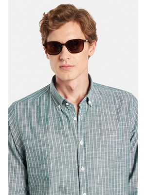 Erkek Slim Fit Dar Kesim Düğmeli Spor Yaka Keten Efekt %100 Pamuk Çizgili Yazlık Yeşil Gömlek