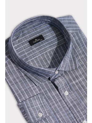 Erkek Battal Büyük Beden Uzun Kollu Çizgili Keten Efektli Spor Yaka Füme Gömlek