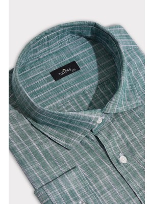 Erkek Battal Büyük Beden Uzun Kollu Çizgili Keten Efektli Spor Yaka Yeşil Gömlek