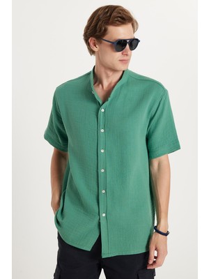 Erkek Relax Fit Rahat Kesim %100 Pamuk Müslin Kumaş Kısa Kollu Spor Hakim Yaka yeşil Gömlek