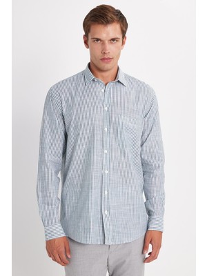 Erkek Regular Fit Klasik Kesim Uzun Kollu %100 Pamuk Keten Doku Tek Cepli Yeşil Çizgili Gömlek