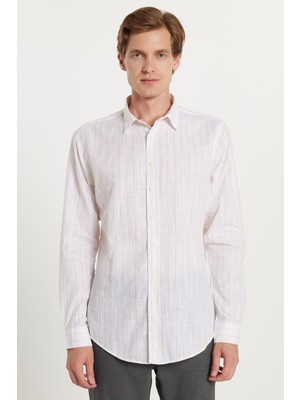 Erkek Slim Fit Dar Kesim Düğmeli Spor Yaka Keten Efekt %100 Pamuk Sarı Çizgili Yazlık Gömlek