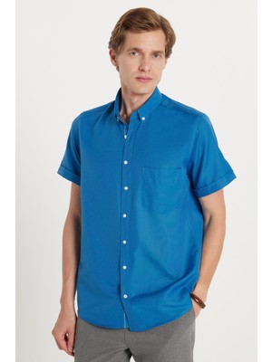 Erkek Klasik Regular Fit Rahat Kesim Düğmeli Spor Yaka Oxford Pamuklu Kısa Kol Saks Mavi Gömlek