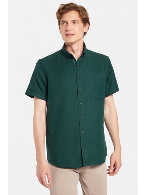 Erkek Klasik Regular Fit Rahat Kesim Düğmeli Spor Yaka Oxford Pamuklu Kısa Kol yeşil Gömlek