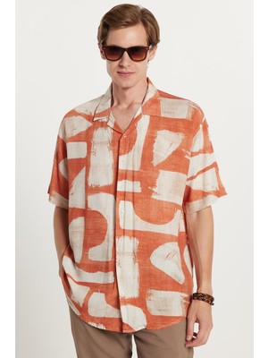 Erkek Relax Fit Rahat Kesim Kısa Kollu Apaş Yaka Viskon Baskılı Gömlek