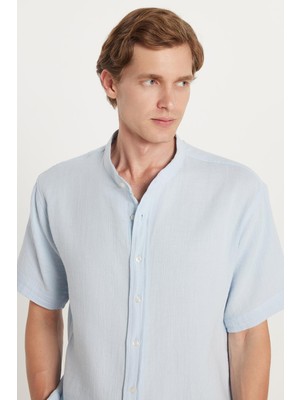 Tudors Erkek Relax Fit Rahat Kesim Oversize %100 Pamuk Müslin Kumaş Kısa Kollu Spor Hakim Yaka Mavi Gömlek