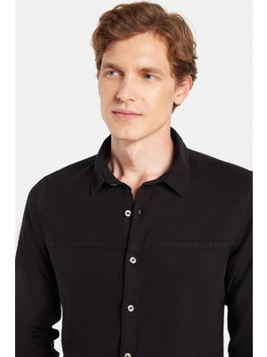 Erkek Slim Fit Dar Kesim Uzun Kollu %100 Pamuk Keten Doku Siyah Gömlek