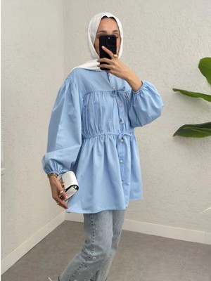 Taşlı Düğmeli Kolu Lastikli Bağlama Detaylı Gömlek -Bebe Mavi